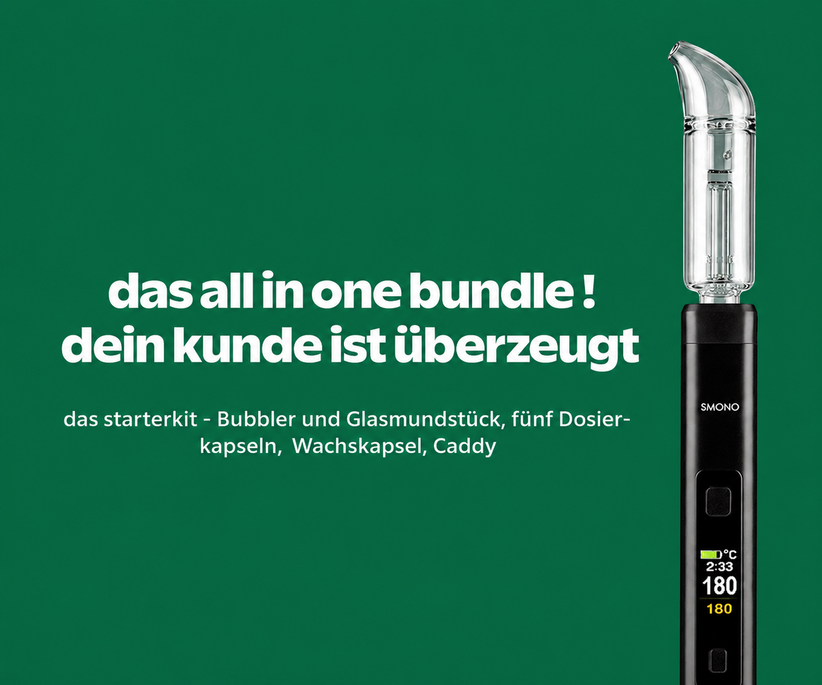 Smono Sunshine Pen V2 – das All-in-one-Bundle: Bubbler, Glasmundstück, fünf Dosierkapseln, Wachskapsel, Caddy